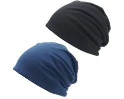 2 stuks Trendy slouchy muts voor dames en heren, zachte en lichte hardloopmuts, hiphopmuts voor volwassenen, chemo-mutsje, slaapmuts (Zwart + Marineblauw)