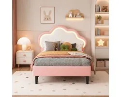 Gestoffeerd kinderbed 90x200 cm met LED-verlichting, eenpersoonsbed voor meisjes, met in hoogte verstelbaar hoofdeinde en lattenbodem, prinsessenbed, gestoffeerd bed, fluweel Roze