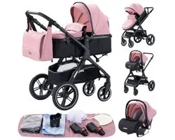 Premium 3-in-1 Kinderwagen - Draagbaar, Opvouwbaar, met Vering - Aluminium Frame - Inclusief Autostoel - Kwalitatieve Buggy voor Pasgeboren Baby - Luxe Multifunctionele Combi Kinderwagen - Roze/Zwart