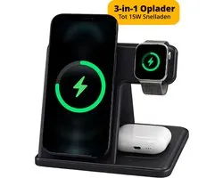 Chargeur sans fil 3-en-1 Garzini - Station de charge pliable - Convient pour iPhone 12 13 14 15 16 17 18, Apple Watch, Earpods - Smartphone, montre connectée et écouteurs - Chargeur rapide 15W - Chargeur sans fil Qi - Station de charge - Noir