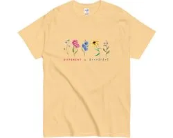T-shirt cadeau pour Hem et Cheveux - Illustration florale et devise « Différent est beau » - Jaune - 2XL