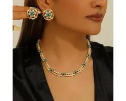 Parure de bijoux / Collier et boucles d'oreilles de style baroque avec marguerites tissées colorées et perles d'imitation / Boucles d'oreilles et collier de style ethnique européen et américain avec motif floral