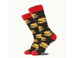 Chaussettes Hamburger | Chaussettes Burger | Chaussettes de restauration rapide | Chaussettes drôles | Taille unique (34-38) | Rouge | Drôle | chaussettes heureuses | Astuce cadeau | Conseil cadeau | Chaussettes Kinder