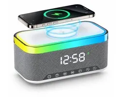 VHV - 5-in-1 Wireless LED Speaker - Draadloos - Bluetooth Speaker - 6 Ambient-lampen - Digitale klok, LED-display - Draadloze Muziek Box - Draadloze Oplader - Wireless charger - GSM Lader - voor iPhone/Android/iPad/Samsung