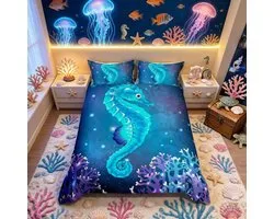 Omgoods - Seahorse Print Duvet Cover - Kids Ocean Creature Bedding Set