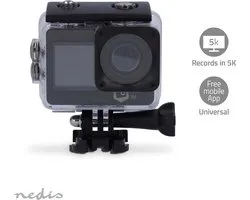 Action Cam - Double écran - 5K@30fps - 16 MPixel - Etanche jusqu'à : 30,00 m - 80 min - Wi-Fi - Application disponible pour : Android / IOS - Fixations inclus - Zwart