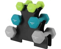 HelloHomy® Halterset op statief 12 kg - groen, blauw & grijs neopreen coating - hexagon dumbells - 2 x 1 kg, 2 x 2 kg, 2 x 3 kg