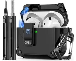 Compatibel met AirPods 4 hoes, automatische Snap Switch Secure Case voor Apple Air Pods 4 (2024/ANC), met reinigingsset en koolstofvezel design karabijnhaak, zwart
