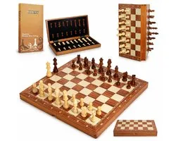 Wood Chess set - Houten schaakbord - 39x39 CM - schaakset - opklapbaar - schaakspel - schaken + 2 extra koninginnen