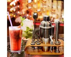 Set de Mix de cocktails 18 pièces - Pour barman - 750 ml - Set de shaker à cocktails en acier inoxydable avec support de présentation en bois - Set de barrière de Cuisine - Préparation de cocktails.