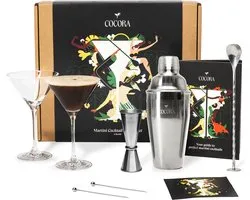 Cocora Martini Geschenkset - 8-delige RVS Cocktail Set - Cocktail Shaker - Cocktail Maatbeker - Martini Glazen - Receptenboek met o.a. Espresso, Pornstar Martini - Zilver
