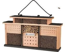 WONDERMAKE® Hôtel pour insectes design en bois d'eucalyptus avec 7 chambres et terrasse, hôtel pour abeilles suspendu grand nichoir pour abeilles sauvages, 48 x 10,5 x 27 cm, brun noir