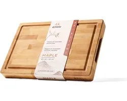 Kiyomi Planche à Découper en Bois d'Érable (Maple) – Billot Professionnel en Bois de Bout (End Grain) avec Sillon à Jus, Poignées & Anti-dérapant – 32 x 22 x 3,5 cm