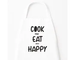 Go Mama - Keukenschort “Cook Eat Happy” – Grappig kookschort – One Size – Verstelbaar – Wit – Humor cadeau