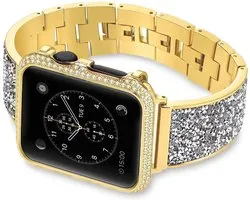 Bracelet de montre de Luxe FFO2World - Goud - Compatible avec Apple Watch 42 (S1/2/3)/ 44/45/46/49 mm - Design inspiré de Swarovski avec cristaux scintillants et bracelet à maillons métalliques incurvés - Compatible avec Ultra, SE, Series 10 à 1