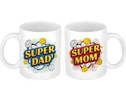 Tasse de dessin animé Super papa et Mom - Ensemble de gobelets cadeau pour papa et Maman - Cadeau fête des mères et Vaderdag