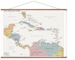 Affiche avec système d'accrochage - Carte de l' Amérique centrale et des Caraïbes - 50 x 70 cm - Cadre en bois - Système d'accrochage - Affiche scolaire - Mexique