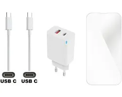 OneOne 30W super snellader met 2 poorten en screenprotector van glas voor iPhone 16 Plus. Oplader met sterke 1,0m USB C naar C kabel. Krachtige witte universele PD PPS lader adapter. Screenprotector past op Apple iPhone 16 Plus