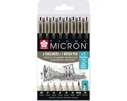 Sakura Pigma Micron Fineliners - Etui Promotieset - 7 fineliners Zwart en 1 Pigma Micron PN