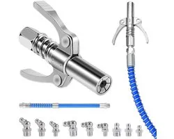 Ergonomische Vetspuit Nozzle met 30 cm Slang, Dubbele Handgreep, Snelle Vergrendeling en M6, M8, M10 Vetnippel Aansluitingen voor Universeel Gebruik