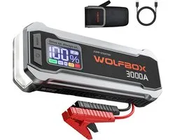Jump de Power WOLFBOX 3000 A, Booster de batterie 12 V avec chargeur rapide 65 W, Booster de batterie 18 000 mAh (moteur essence 10 L, moteur Diesel 10 L) avec éclairage LED, pack de Jump et Câbles de démarrage.