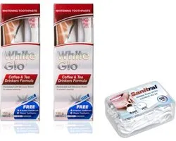White Glo Premium Café and Thee Drinker Formula Intense Dentifrice et brosse à dents Extra blanchissants – 100 ml (lot de 2) avec bâton de fil dentaire Sanitral 50 pièces inclus en cadeau