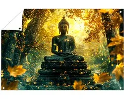 Bouddha aux feuilles d'automne dorées - Affiche de jardin Bouddha - Décoration murale de jardin - Statue de Bouddha - Art Digital - Accessoires de jardin - Décoration de Jardin - Poster de jardin 105 x 70 cm