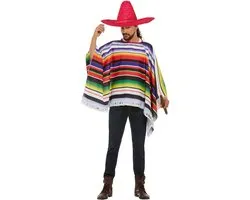 Carnaval verkleed set Mexicaan - gekleurde one size poncho - Sombrero hoed rood met dia 59 cm