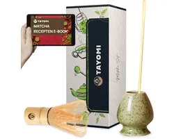 Tayomi Matcha Set van 3 – Complete Matcha Thee Set Met Klopper Whisk, Houder en Lepel – Inclusief Recepten E-book – Matcha Leaf – Cadeauverpakking