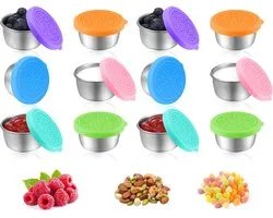 Mini Vershoudbakjes - RVS Snackbox - Set van 12 Dressingpotjes - Kleine Roestvrijstalen Sauscontainer - Duurzame Snackdoosjes - Diepvriesbakjes - Dressingcontainer - Sausbekers - 50ML Dressingcontainer Met siliconen deksels - voor salades/specerijen