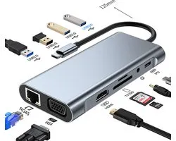 Ferfito Aluminium schaal 11 in 1 USB-C Hub- 1xUSB 3.0 - 1xHDMI 4K- 3xUSB 2.0 - 1xSD - 1xTF - 1xPD 100W- 1xVGA - 1xRJ45 -1xAudio- USB C hub met 11 poorten - Multifunctioneel gedekt USB splitter - Docking station laptop