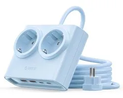 ORICO PDC 25W - Multiprise - Multiprise GaN – 6-en-1 fiche plate avec multiprise (2 prises + 4x USB avec 2x USB-C PD) – Fiche plate 1,3 cm – Câble 1,6 m – 2500 W – Pour la maison et le bureau
