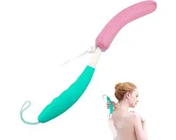 Shower Body Brush Skin Exfoliating Curved Back Scrub Brush Massage Bath Brush Extra Large Curved Handle European and American Hand Shaped Removable Grease Long Handle Back Washer (Green-Pink)
