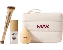 MAY Cosmetics Travel Set – Changing Foundation SPF 15 – 2-in-1 Make-up Brush – Beauty Blender – Travel Bag