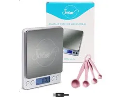 SOEM® Keukenweegschaal USB Oplaadbaar Digitaal met Kom en Roze maatlepel set – Compacte Precisie Weegschaal 0.1 gram – Koffie Weegschaal – RVS Weegschaal – Tarra functie