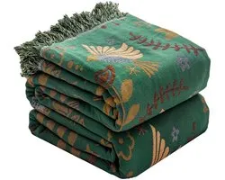 Couverture en coton Boho HOORDRY, couvre-lit respirant et doux, couverture en mousseline 4 couches pour toutes les saisons, couverture en coton à franges - motif oiseau vert 150 x 200 cm