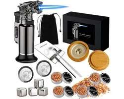 Kit complet de fumage de whisky avec 4 saveurs de copeaux de bois, pierres à whisky et brûleur pour les amateurs de cocktails et les cadeaux de la Fête des Pères et d'anniversaire