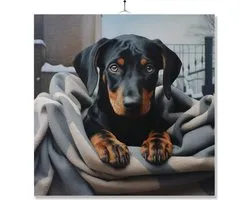 Tegel Met Opdruk | Geschenk | Hond In Mand Onder Fleecedeken | Dobermann