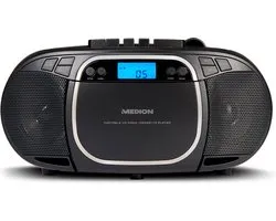 MEDION E66476 Stereo Sound Systeem (Boombox, CD-speler, MP3, cassette, draagbare cassettespeler voor kinderen, FM-radio, AUX, hoofdtelefoon, netstroom & batterij), zwart