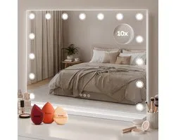 Fraay® Miroir Hollywood avec Éclairage 60x50cm - 3 Positions d'Éclairage - Miroir de Maquillage avec Miroir Grossissant 10x - Éclairage LED Dots Dimmable - Incl. 2 Beauty Blenders et Powder puff
