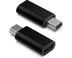 USB C naar Mini USB-adapter (Type C vrouwelijk naar Mini USB 2.0 mannelijk) – Converteer connector, ondersteunt opladen en gegevenssynchronisatie. Geschikt voor GoPro Hero 3+, dashcams, digitale camera's, ontvangers enz. (2-pack), zwart.