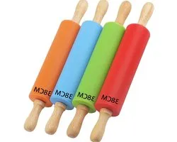 Set van 4 Grote Siliconen Deegrollers met Houten Handvat - Antikleef Rolling Pins voor Taart, Pizza en Brooddeeg (Oranje, Rood, Blauw, Groen)