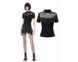 Dark in Love - Gothic Black Short Sleeve with Sheer Spiderweb Mesh and Silver Spider Ornament Top - M - Zwart