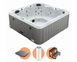W’eau Delta Spa de luxe - Jacuzzi 5 personnes - 2 chaises longues confortables - 31 jets de massage - Plug & Play - Comprend un escalier et une couverture isolante - Gris - 210 x 210 cm