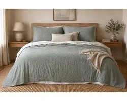 L&G - Couvre-lit 100 % coton 220 x 240 cm – Couvre-lit 2 personnes - Couvre-lit - Plaid – Quilt - Couverture - Vert Manu