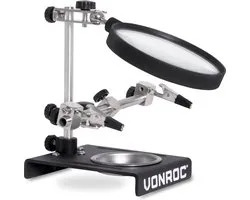 VONROC Derde hand met vergrootglas – Incl. 2 verstelbare armen, zware voet en opvang bakje