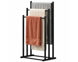 Sivableu Porte-serviettes – 3 Bras - Salle de bains – Range-serviettes – Porte-serviettes sur pied – Sans perçage - Autoportant – Noir – Barre à serviettes – Métal - Support pour serviettes