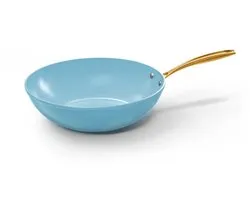 Cook & Pan Wok bleu océan Ø 30 cm sans PFAS - Bleu avec poignées dorées - Toutes sources de chaleur - Poignée Cool Touch - Revêtement antiadhésif résistant aux rayures - Passe au lave-vaisselle - Gaz, induction, électrique, four - Garantie 7 ans