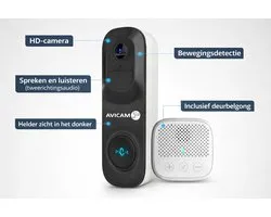 Avicam Video Deurbel met camera en binnen bel / Gong – WiFi, Accu, gratis cloud opslag en app.