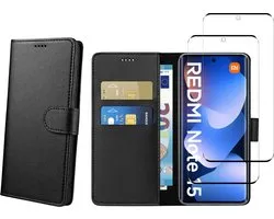 Coque pour Xiaomi Redmi Note 15 4G / 5G et 2 Verres Trempé - Portefeuille Noir Rabat Clapet Aimanté Rangement Cartes Phonillico®